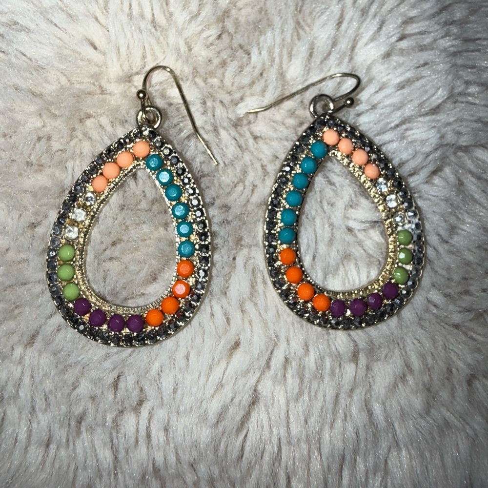 Boho Hobo Teardrop Dangle Earrings Pierced Multicolor Stones Western Navajo Styl